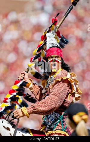 5. Oktober 2013: Das Maskottchen der Florida State Seminoles Osceola jubelt vor dem Start des Spiels zwischen den Maryland Terrapins und den Florida State Seminoles im Doak S. Campbell Stadium. (Bild: © Gray Quetti/Cal Sport Media/ZUMAPRESS.com) Stockfoto