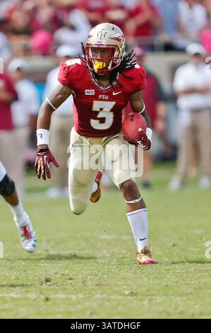 5. Oktober 2013: Der breite Empfänger Jesus Wilson (3) der Florida State Seminoles läuft während des Spiels zwischen den Maryland Terrapins und den Florida State Seminoles im Doak S. Campbell Stadium. Florida State besiegte Maryland 63-0.(Bild: © Gray Quetti/Cal Sport Media/ZUMAPRESS.com) Stockfoto