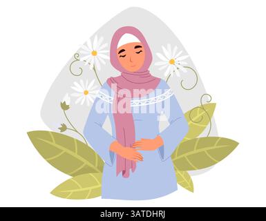 Eine Frau in einem blauen Trachtenkleid und einem rosafarbenen Schal lächelt sanft, während sie ihre Hände am Bauch hält Stock Vektor