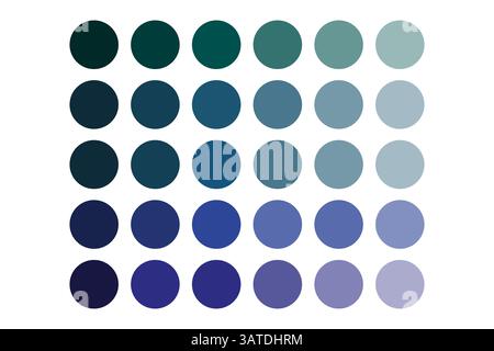 Blaugrüne Palette. Kreisförmige Verlaufspunkte. Coole Farbfelder. Marineblaues Farbdiagramm. Stock Vektor