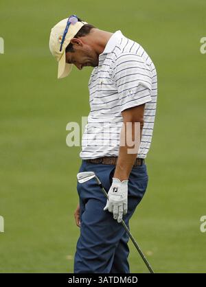 5. Oktober 2013 - Dublin, OH, USA - Adam Scott lässt sich nach dem zweiten Schuss auf das 6. Loch während des Presidents Cup im Muirfield Village Golf Club in Dublin, Ohio, am Samstag, den 5. Oktober 2013 den Kopf fallen. (Bild: © Kyle Robertson/MCT/ZUMAPRESS.com) Stockfoto
