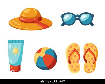 Summer Beach Accessoires Set aus Sonnenhut, Sonnenbrille, Sonnencreme, Ball und Flip Flops. Karikaturvektor isolierte Illustration Stock Vektor