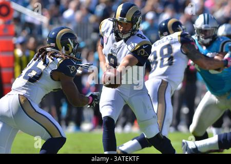 20. Oktober 2013 – Charlotte, NC, USA – 20. Oktober 2013: Sam Bradford #8 der St. Louis Rams übergibt den Ball an Daryl Richardson #26 während des NFL Football-Spiels zwischen den Carolina Panthers und den St. Louis Rams im Bank of America Stadium in Charlotte NC. Die Panthers besiegten die Rams 30-15. (Bild: © John Joyner/Cal Sport Media/ZUMAPRESS.com) Stockfoto