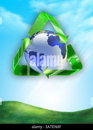 Recycling-Symbol um den Planeten Erde. Digitale Illustration. Stockfoto