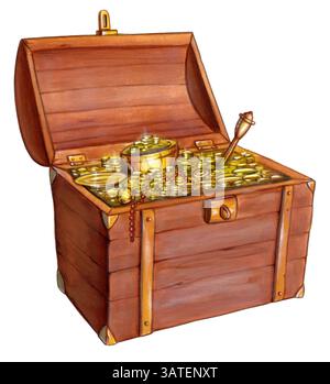 Hölzerne Schatzkiste. Handgemalte Abbildung. Stockfoto