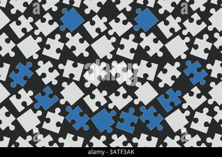 Ein Lächeln aus Rätseln. Ein nahtloses Muster mit Puzzles. Schwarz-weiße Puzzles mit einem blauen Lächeln. Ein schwarzer und weißer Hintergrund ist ein Rätsel. Stock Vektor