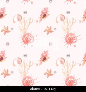 Nahtloses Aquarellmuster mit Muscheln und Perlen Stockfoto