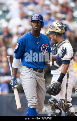 19. September 2013 – Milwaukee, Wisconsin, Vereinigte Staaten von Amerika – 19. September 2013: Chicago Cubs Center Fielder Junior Lake #21 geht zurück zum Dugout, nachdem er während des Major League Baseball-Spiels zwischen den Milwaukee Brewers und den Chicago Cubs im Miller Park in Milwaukee, WI, ausgeschlagen hat. Cubs gewann mit 5:1. John Fisher/CSM(Bild: © John Fisher/Cal Sport Media/ZUMAPRESS.com) Stockfoto