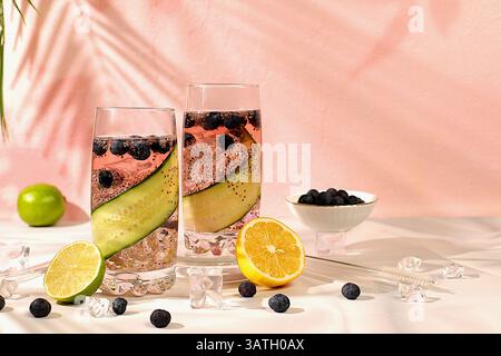 Diät veganer Cocktail mit Gurke, Zitrone, Limette, Heidelbeere und Chiasamen, Detox Diät und Gewichtsreduktion Konzept, gesunder Lebensstil und gesunde Ernährung Adver Stockfoto