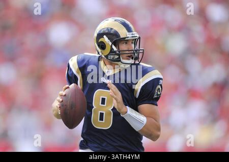 24. Oktober 2010 - USA Tampa, Florida, - 24. Oktober 2010; Tampa, FL, USA; St. Louis Rams quarterback Sam Bradford (8) während der Rams-Spiel gegen die Tampa Bay Buccaneers im Raymond James Stadium. (Kredit-Bild: © Scott A. Miller über ZUMA Draht) Stockfoto