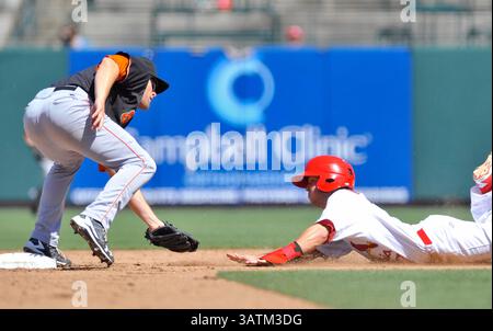 22. Mai 2016: Fresno zweiter Baseman Danny Worth (links) versucht Memphis-Läufer Matt Williams (rechts) während des fünften Inning eines MiLB-Baseballspiels zwischen dem Round Rock Express und Memphis Redbirds im AutoZone Park in Memphis, TN, zu markieren. Memphis gewann mit 8:1. Austin McAfee/CSM(Kreditbild: © Austin McAfee/CSM via ZUMA Wire) Stockfoto