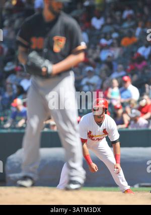 22. Mai 2016: Memphis-Läufer Matt Williams (rechts) beobachtet den Pitcher, während er versucht, während des fünften Inning eines MiLB-Baseballspiels zwischen dem Round Rock Express und Memphis Redbirds im AutoZone Park in Memphis, TN, die zweite Base zu stehlen. Memphis gewann mit 8:1. Austin McAfee/CSM(Kreditbild: © Austin McAfee/CSM via ZUMA Wire) Stockfoto
