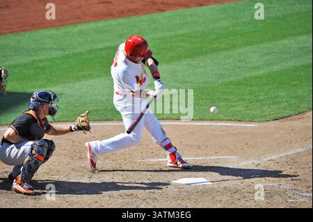 22. Mai 2016: Memphis Infield-Spieler Patrick Wisdom schwingt während des achten Inning eines MiLB-Baseballspiels zwischen dem Round Rock Express und Memphis Redbirds im AutoZone Park in Memphis, TN. Memphis gewann mit 8:1. Austin McAfee/CSM(Kreditbild: © Austin McAfee/CSM via ZUMA Wire) Stockfoto