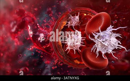 Darstellung von roten Blutkörperchen und aktiven Blutplättchen (weiß) in einem Blutgefäß. Thrombozyten oder Thrombozyten sind kleine, nicht-kernhaltige Zellen, die in t gebildet werden Stockfoto