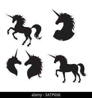 Set aus Einhorn-Silhouette auf weißem Hintergrund Stock Vektor