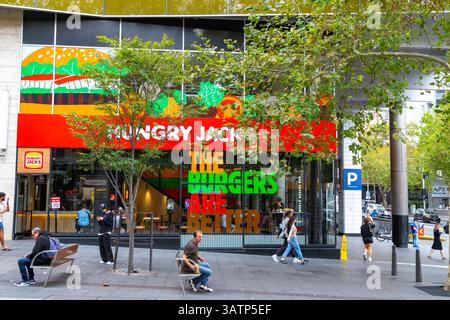 Hungry Jacks Fast Food Burger Restaurant Café in der George Street, Sydney Stadtzentrum, New South Wales, Australien Stockfoto