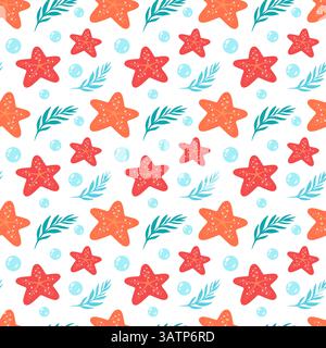 Nahtloses Muster von blaugrünen Seestern und Palmblättern. Flaches Design, ideal für Tapeten, Textilien oder Projekte im maritimen Stil Stock Vektor