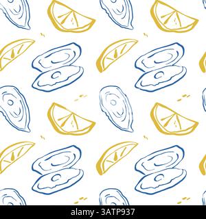 Nahtloses Muster mit blauen Austern, gelben Zitronen und abstrakten Flecken auf weißem Hintergrund für Oberfläche und Textil Stock Vektor