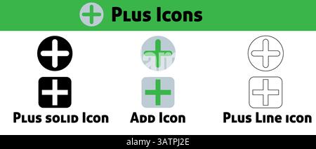 Sammlung von Plus-Symbolen in den Formaten „durchgehend“, „Farbe“ und „Linie“ Stock Vektor