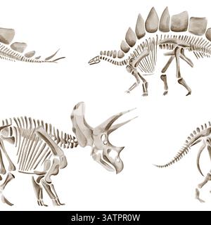 Nahtloses Muster mit Dinosaurierskeletten. Traceratops und Diplodocus. Prähistorische Reptilien und Tiere. Knochen und Fossilien des Jura Stockfoto