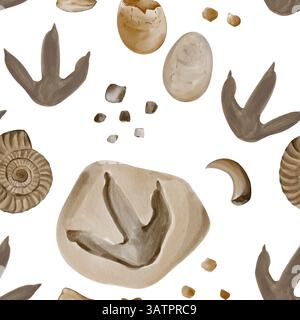 Nahtloses Muster mit Fossilien. Dinosaurier-Fußabdrücke. Reptilieneier. Steine und Kieselsteine. Aquarellabbildung ohne Hintergrund. Handgezeichnet. Zähne Stockfoto