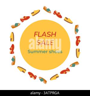 Gelbes Flash-Verkaufsbanner mit umlaufenden Schuhen, Werbevorlage für Rabattkampagnen für Schuhe, Modemarketing und Online-Shopping-Anzeigen Stock Vektor