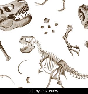 Nahtloses Muster mit Dinosaurier Rex Skelett. Theranosaurus Teile, Knochen und Pfoten. Jurassische Fossilien und Felsen. Aquarellabbildung ohne Stockfoto