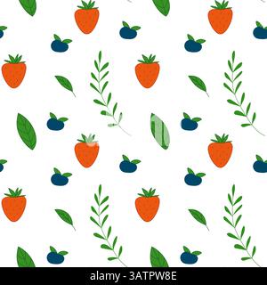 Nahtloses Sommermuster mit Erdbeeren, Heidelbeeren und grünen Blättern, frischem Obst und Naturdesign für Textilien, Geschenkpapier und saisonalem Deko Stock Vektor