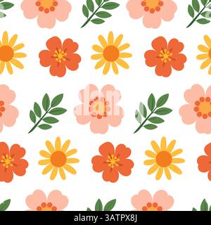 Zartes nahtloses Muster mit Blumen und grünen Blättern, weiches und elegantes Blumendesign für Stoff, Tapeten und naturinspiriertes Dekor Stock Vektor