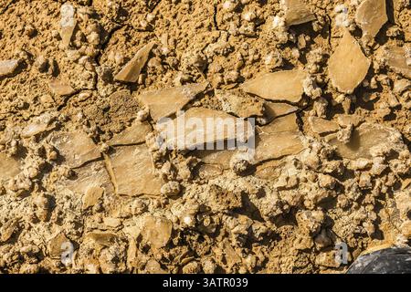 Sonnenlicht beleuchtet gerissene trockene Erde und zeigt komplexe Mineralablagerungen, die auf der Oberfläche ein abstraktes und strukturiertes Muster erzeugen Stockfoto