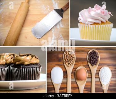Cupcakes-Collage und Küchenvorbereitung Stockfoto