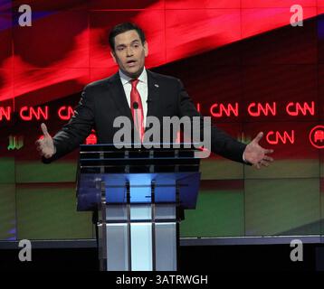 10. März 2016: Miami, FL, USA – der republikanische Präsidentschaftskandidat Marco Rubio spricht am Donnerstag, den 10. März 2016, im Bank United Center der University of Miami in Coral Gables, Florida. (Kreditbild: © Pedro Portal/TNS via ZUMA Wire) Stockfoto