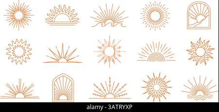 Symbole der Sonnenlinie. Geometrische Boho-Sonne, minimalistischer linearer Sonnenaufgang und Sonnenuntergang umreißen Embleme. Böhmische Sonnenstrahlen-Embleme mit Strahlen, Bogen und Wellen Stock Vektor