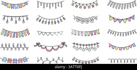 Handgezeichnete Partygirlanden. Feierliche bunte Kritzeleien, Geburtstagsgirlanden und hängende Dekorationen mit Fahnen, Weihnachtsbeleuchtung Stock Vektor
