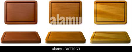 Schneidebretter aus Holz. Rechteckige Schneidebrettmodelle, leere Holzschalen oben und perspektivische Ansicht. Realistisches 3D-Küchenutensil, Lebensmittelzubereitung Stock Vektor