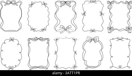 Geschweifte Bandrahmen mit Schleifen. Kritzeln Sie niedliche Bändchen, schlichte dekorative Wirbel-Linie und Skizzenschleife für Coquette-Etiketten. Handgezeichnet Stock Vektor