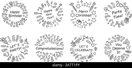 Zelebrierende Doodle-Rahmen. Glückwunschkranz mit handgezeichnetem Feuerwerk und Konfetti, festliches Happy Birthday, Silvester, Frohe Weihnachten, Party Stock Vektor