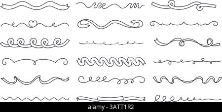 Lockige Konfetti-Bandtrennlinien. Dekorative Textteiler, handgezeichnete, wellenförmige Linien und unterstrichene Bänder. Gliederung Stock Vektor