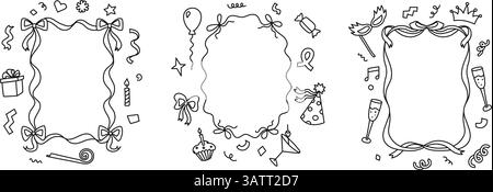 Handgezeichnete Partyrahmen. Doodle-Rahmen mit Bändern, Geschenkboxen, Linienbogen, Konfetti und Partyelementen. Geburtstagseinladung Stock Vektor