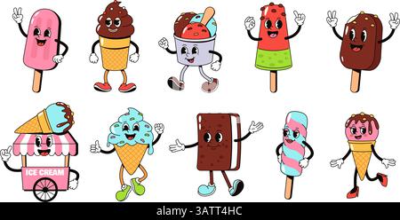 Eisfiguren im Retro-Zeichentrickfilm. Lustig lächelndes Eis, Eisbecher, Tasse und Sandwich mit Händen und Beinen. Groovige Dessertmaskottchen, alt Stock Vektor