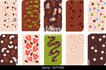 Assorted chocolate bars. Dark, milk and white chocolate bar types with nuts, pistachio, strawberry, matcha, candies and nougat. Sweet dessert Stock Vektor