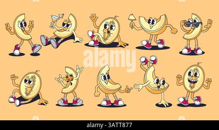 Retro-Zeichentrickfiguren mit Melonen. Groovige Fruchtmaskottchen, Vintage 30er-Jahre-Kantaloupe oder Honigtau-Melonenscheiben. Lustige, lächelnde Sommerfrüchte Stock Vektor