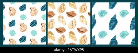 Farbenfrohe Muschelmuster in einem dekorativen Design mit verschiedenen Muschelformen und -Größen Stock Vektor