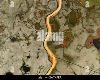 Blick von oben auf einen sich windenden gelben Fluss, der durch ein strukturiertes Sumpfgebiet mit verstreuten Teichen und satten grünen, orangen und braunen Flecken schneidet. Stockfoto