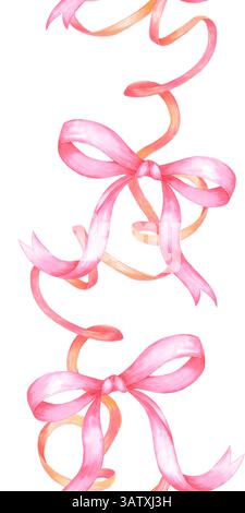 Handgezeichnete rote Bögen und Bänder in Aquarellfarben nahtloser vertikaler Rahmenrand. Abbildung isoliert auf weißem Hintergrund. Kann für Textilien, Gewebe, Stockfoto