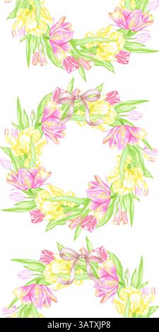 Handgezeichneter Aquarell farbenfrohe Tulpenkranz vertikaler nahtloser Rand. Illustration von Blumen isoliert auf weißem Hintergrund. Kann für Textilien verwendet werden, Stockfoto