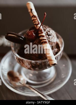 Schokoladeneis mit süßem Sirup, Waffeln, Keksen und frischen Kirschen, köstliches Dessert in einer Glasschale Stockfoto