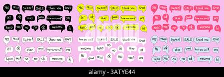 Eine Reihe von Sprechblasen mit Wörtern in verschiedenen Farben, die von Hand gezeichnet wurden Stock Vektor