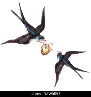 Schwalbenvögel mit goldenem Anhänger mit rotem, quadratischem Rahmen. Handgezeichnete Vintage-Textvorlage mit Aquarell. Perfekt für romantische Retro-Arrangements Stockfoto