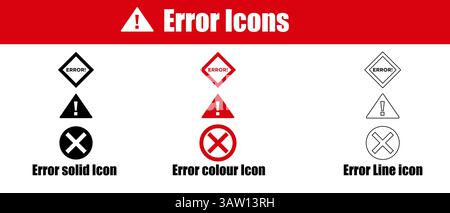 Sammlung von Fehlerwarn- und Warnsymbolen in verschiedenen Formaten. Stock Vektor